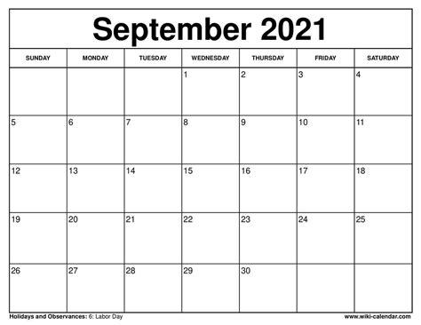 Free Printable Blank Calendar September 2021